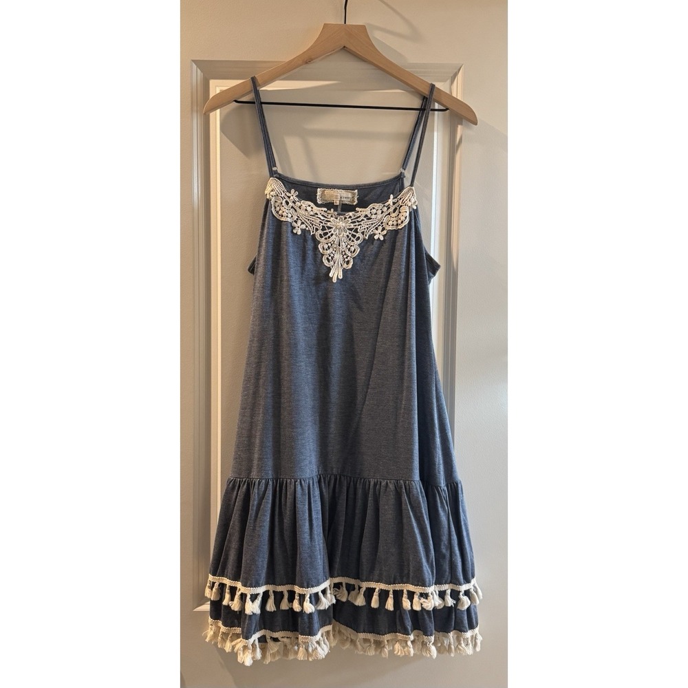 A'Reve Blue Boho Tassel Hem Swing Dress Large Lace Neck Sleeveless Beachy